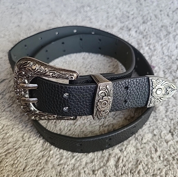 Western Belt S Black Synthetic Leather Cowboy Double Perforated Silver Buckle - Picture 1 of 10